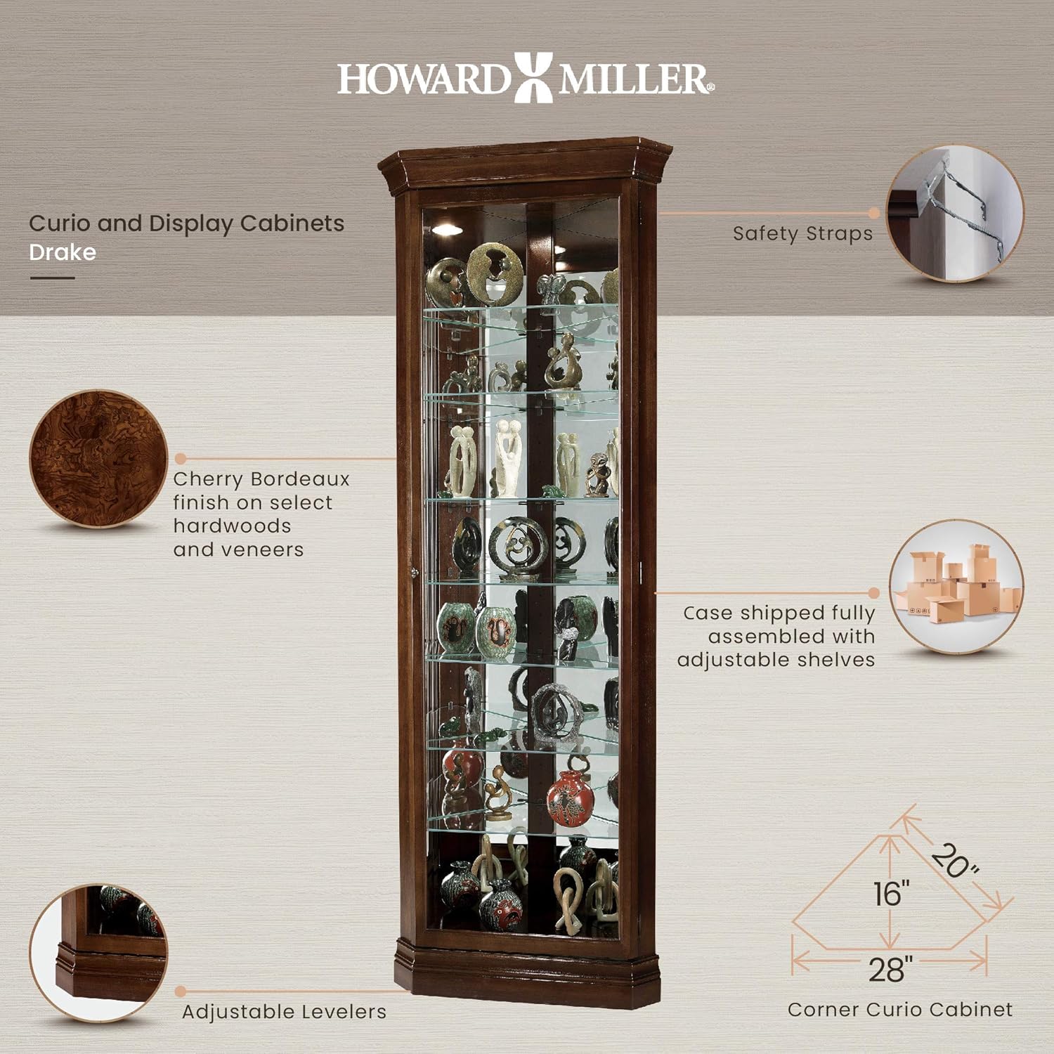 Howard Miller Drake Corner Curio Cabinet 680-483 – Cherry Bordeaux Finish, Seven Glass Shelves, Eight Level Display Case, Locking Door, No Reach Light
