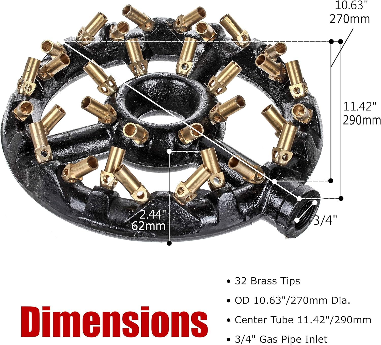 DuraSteel Propane Gas Jet Burner For Chinese Wok Range, Grilling, Stir Fry - Cast Iron Body Round Nozzle Jet Burner with 32 Brass Tips - Up 160,000 BTU