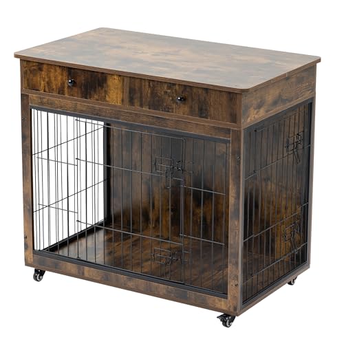 Wooden Furniture Style Dog Crate with 2 Drawers,Indoor Double Doors Doggy House End Table,W/Wire Mesh and Cross-Thickened Iron Bars,Chew-Proof,for Small Pet,Grey,31.7" L×23.2" W×33" H