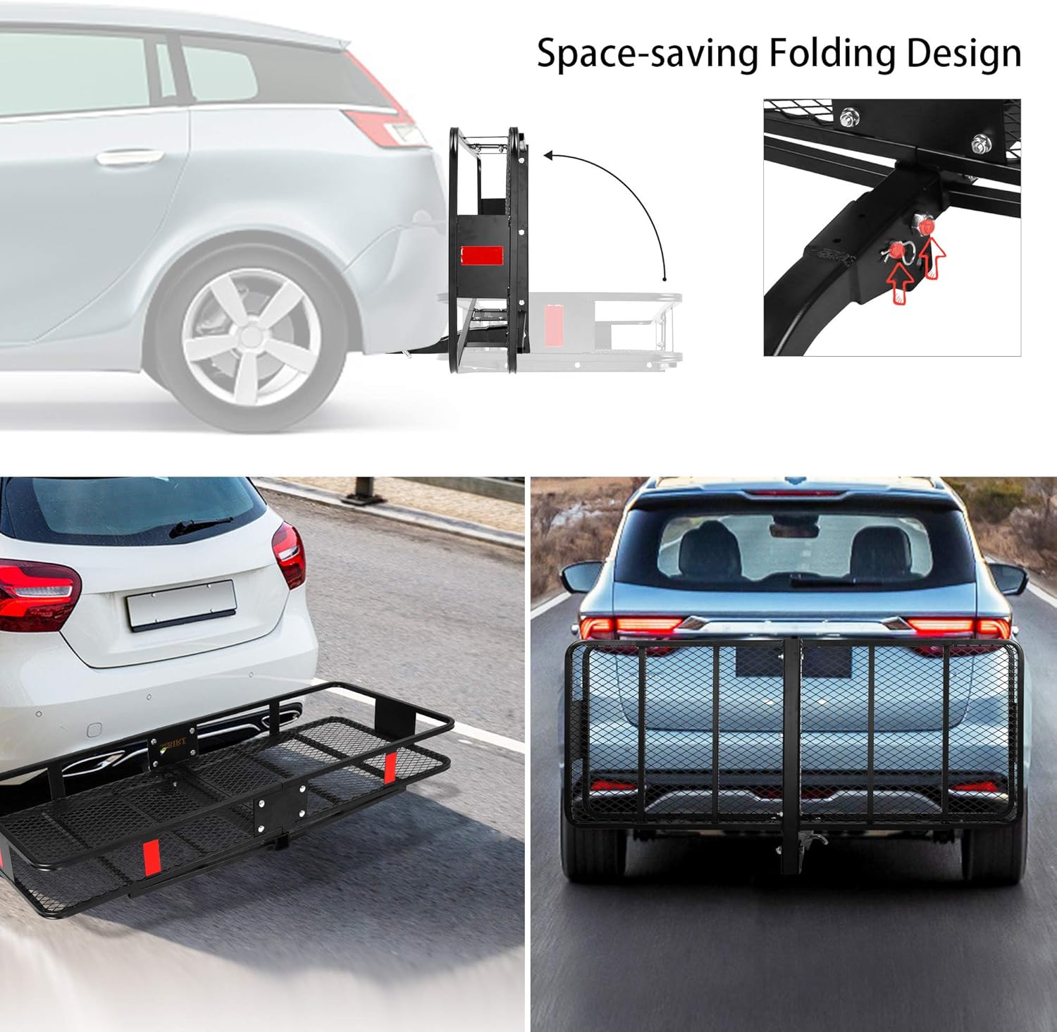 CARSTY 60” x 24” x 6.5” Hitch Mounted Folding Cargo Carrier, 500LBS Capacity Heavy Duty Basket Rack, Fit 2" Receiver Hitch, for Truck SUV Car RV Camping Traveling, Black