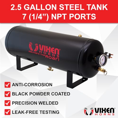 Vixen Horns Train Horn Kit for Trucks/Car/Semi. Complete Onboard System- 200psi Air Compressor, 2.5 Gallon Tank, 4 Trumpets. Super Loud dB. Fits Vehicles Like Pickup/Jeep/RV/SUV 12v VXO8325/4114B