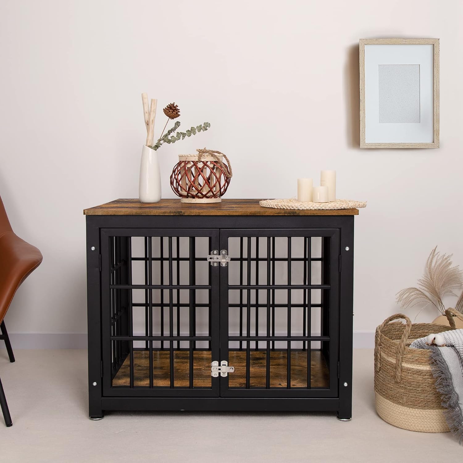 TADASA 32'' Wood Dog Crate Furniture, Decorative Small to Medium Dog Kennel with Double Doors, Wooden Indoor Heavy Duty Dog Cage End Table with Leg Levelers, Rustic Brown and Black