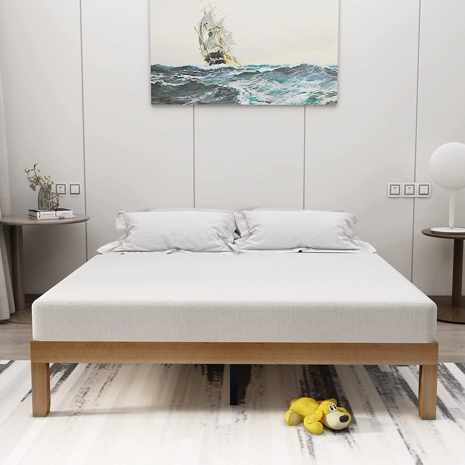 AngLink Queen Size Wood Platform Bedframe - No Headboard Bed Frame with 10 Legs Support, No Box Spring Needed, Strong Wood Slat Support, Easy Assembly丨Natural