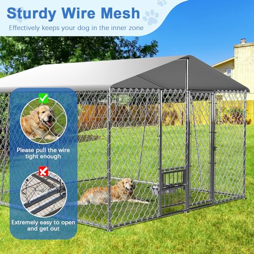 10×10×7FT Large Dog Kennel Outdoor with Bowls, Heavy Duty Outdoor Dog Kennel with Cover, Outside Chain Link Dog Playpen Dogs Run Dog Cage with Lock & Waterproof Roof for Backyard
