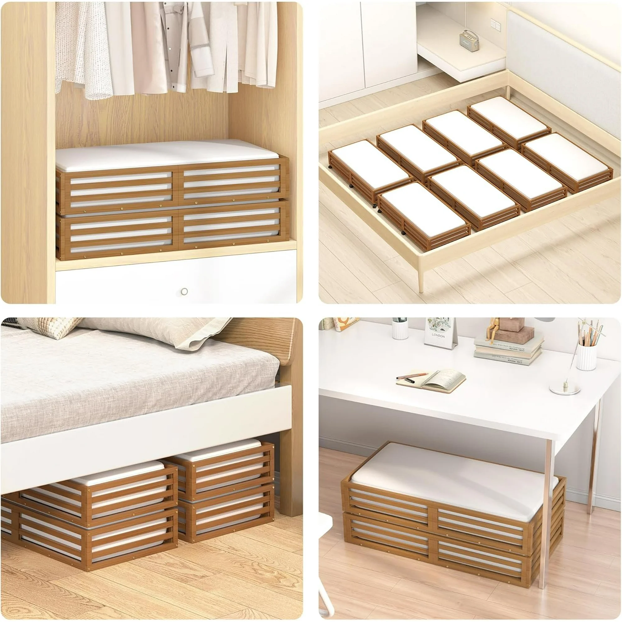 Bamboo Under Bed Storage Containers- Underbed Organizer with Wheels with Large Capacity Dust Bag,Sturdy Wood Rolling Under Bed Shoe Storage Organizer 2 Packs (Walnut, 2 Packs (33.07×16.54))