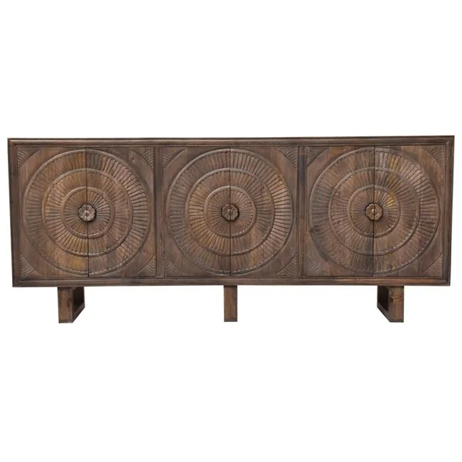 Albert Solid Wood Cabinet with 6 Hand-Carved Doors in Brown Finish