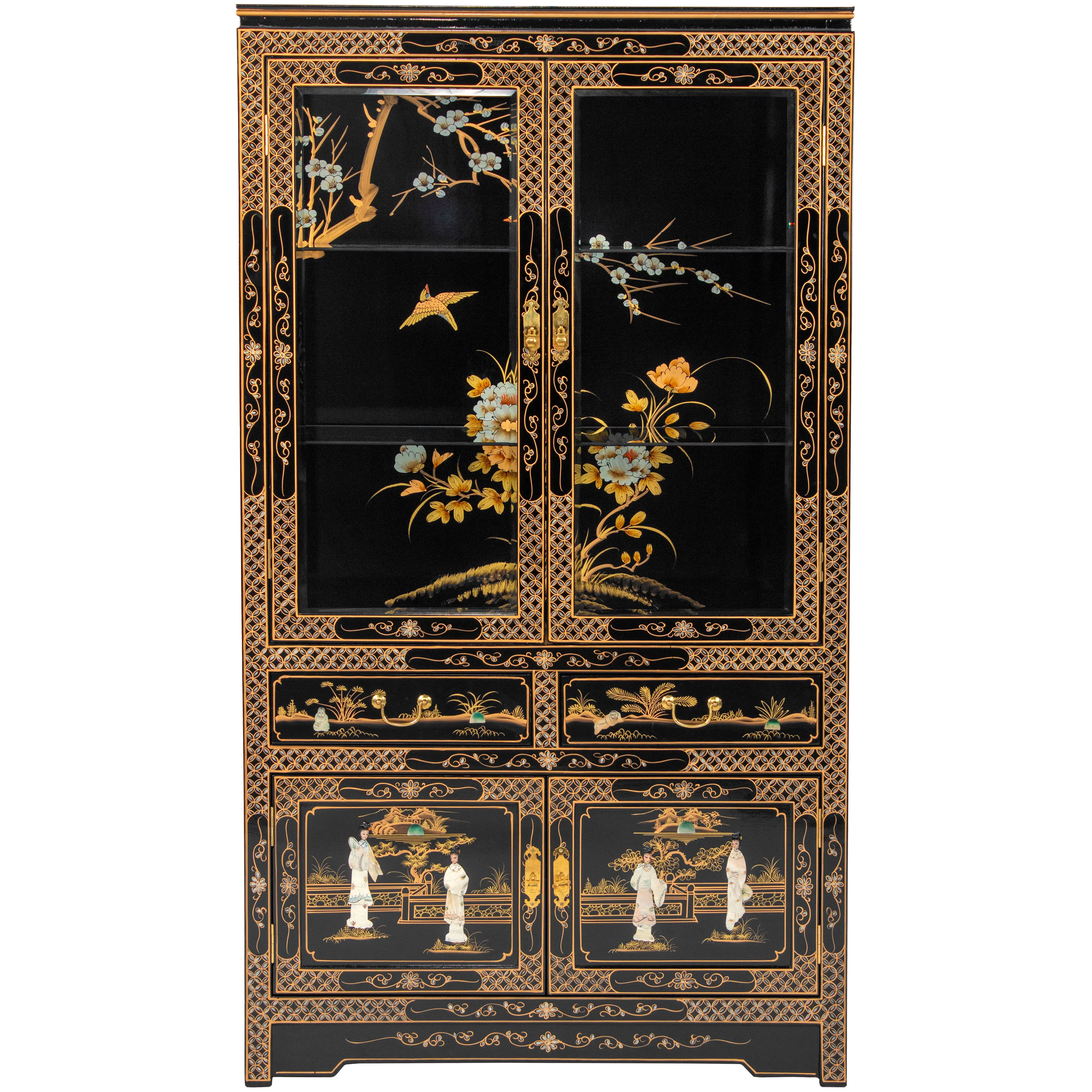 Oriental Furniture Black Lacquer China Cabinet - Royal Ladies
