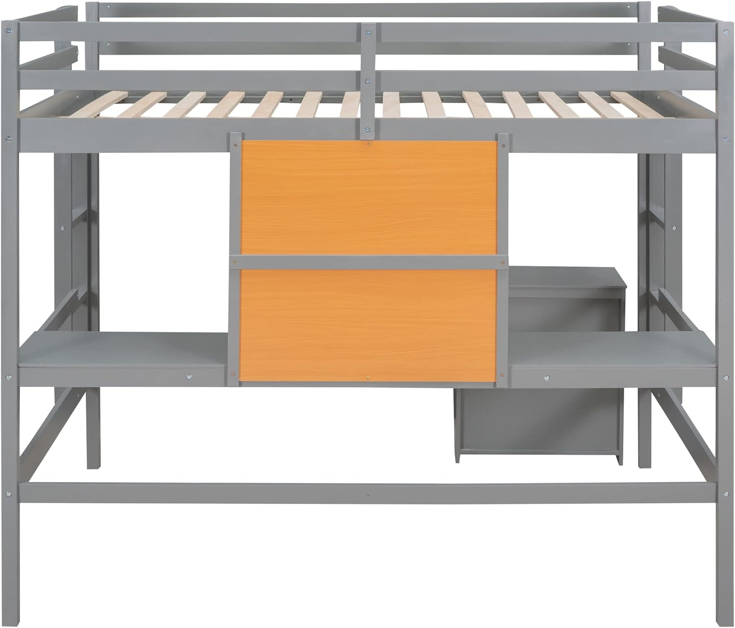 Full Size Loft Bed Frame With Desk, Storage Shelves And Writing Board, Wood Loft Beds With Two Ladders And Moveable 2-Shelf Cabinet, High Loft Bed For Kids Boys Girls Teens, Gray