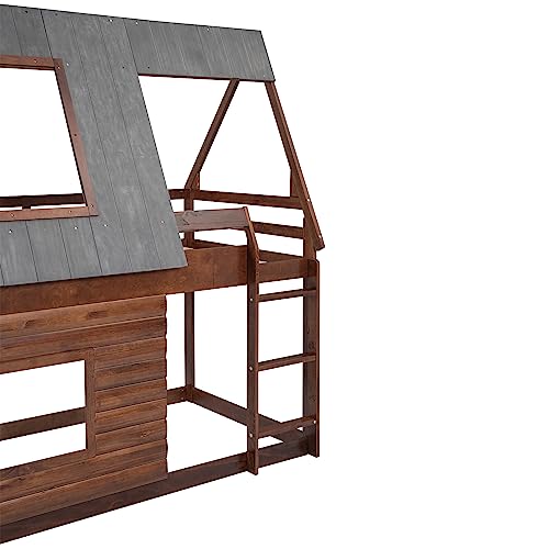 Twin Over Twin Bunk Bed House Shaped with Roof and 2 Windows, Wood Frame Floor BunkBed for Kids Boys Girls, Oak & Smoky Grey