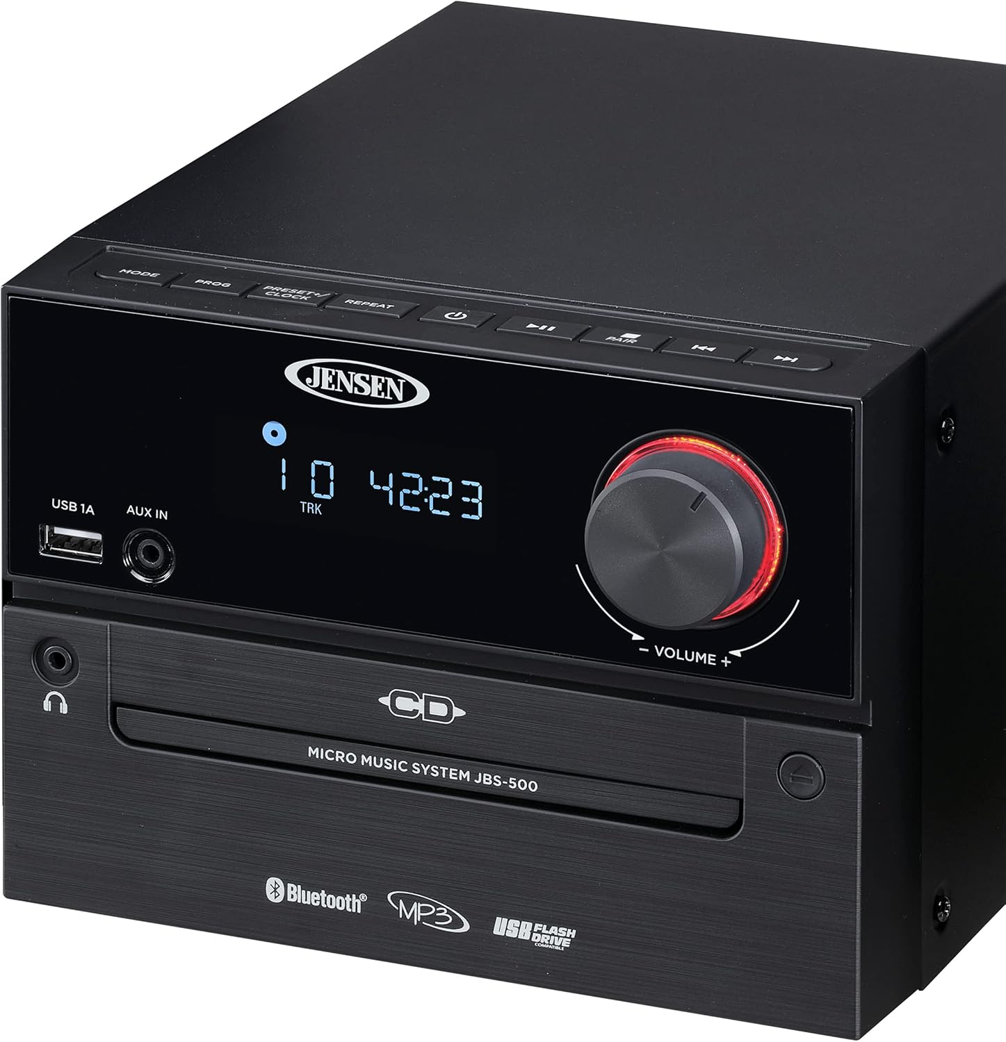 Jensen Professional JBS-500 Modern Bluetooth Wireless Stereo Music System Home CD Player, MP3 USB, Audio in, Headphone Jack, FM Radio, 30W - (Jet Black)