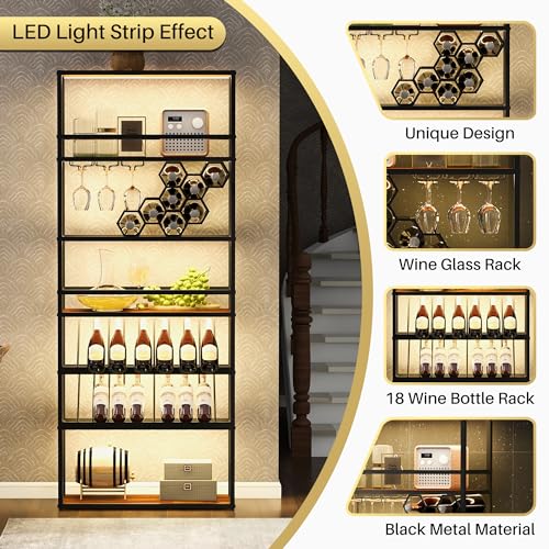 Merax Wine Rack with LED Lights & Glass Holder, Contemporary Freestanding 7-Tier Tall Bar Cabinet, Luxury Kitchen Furniture for Liquor Storage, Black Gold