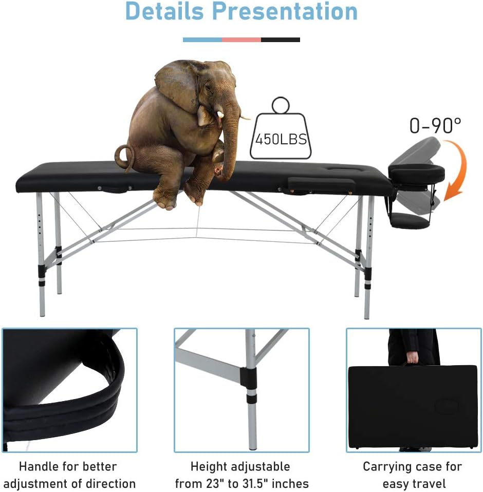 HHS Massage Table 73 Inch Aluminium Massage Bed Professional Folding Therapy Table Bed Height Adjustable Facial Salon Spa Tattoo Bed with Carry Case,Face Cradle,450LBS Capacity Salon Bed Black