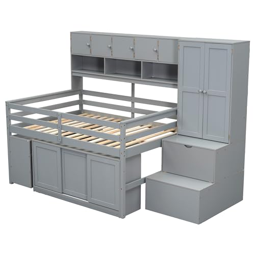 Solid Wood Low Loft Bed with All-in-One Big Storage and Mobile Desk, Twin Size Loft Bed Frame with Built-in Wardrobe and Storage Staircase for Kids Teens Boys Girls, Space-Saving, White-a