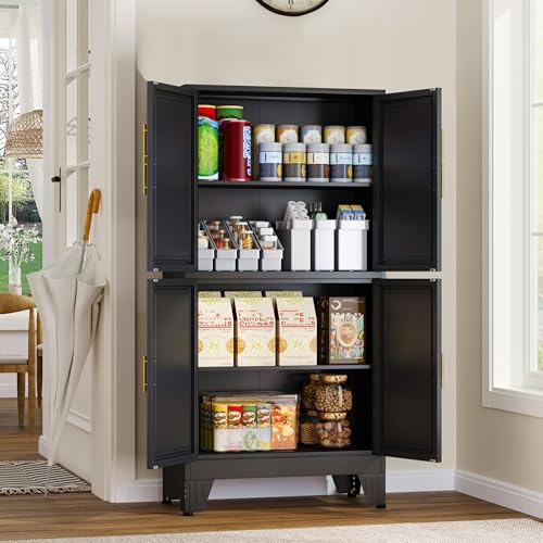75.2" Tall Metal Pantry Cabinet, Storage Cabinets with 4 Door and 4 Adjustable Shelves, Black Kitchen Pantry Storage Cabinet, Freestanding Cupboard for Kitchen Dining Room Living Room Bathroom