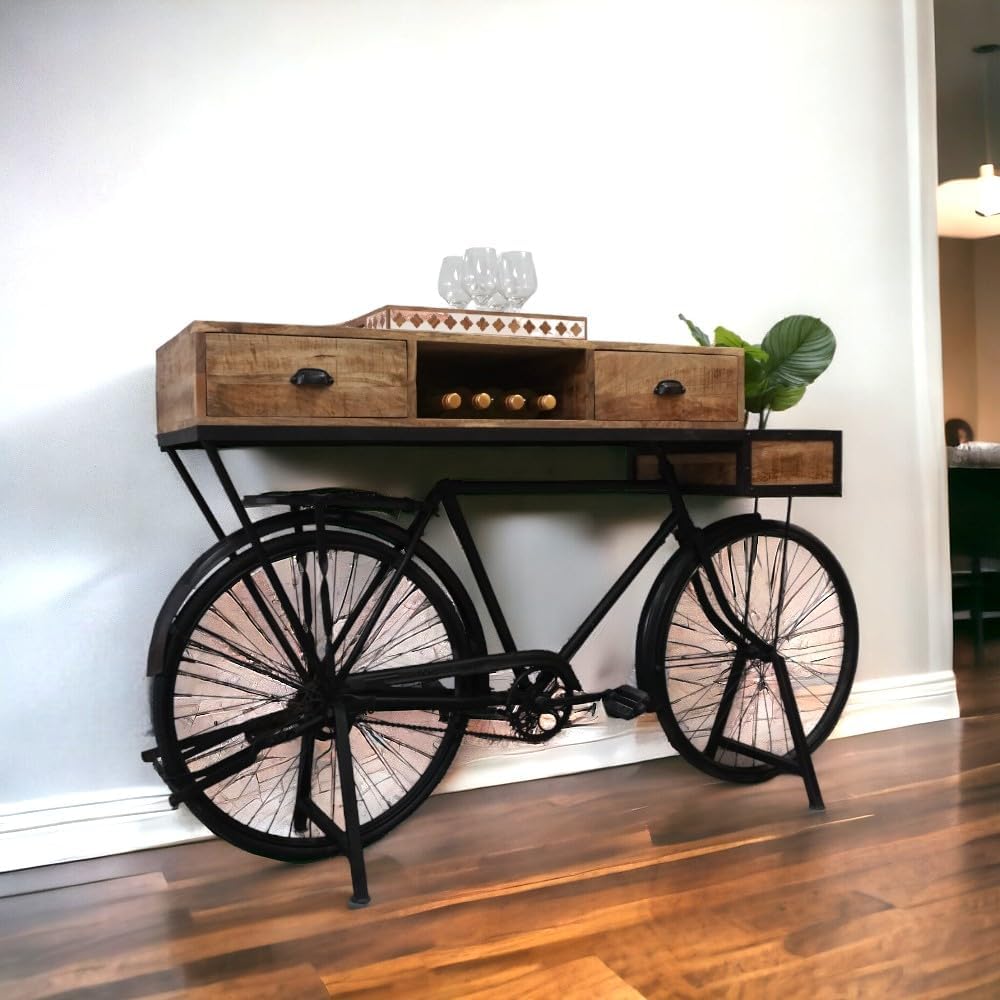 Sundara Furnishings Vintage Bicycle Console Table with Drawers & Storage, Mango Wood, 76L x 18W x 44H inches