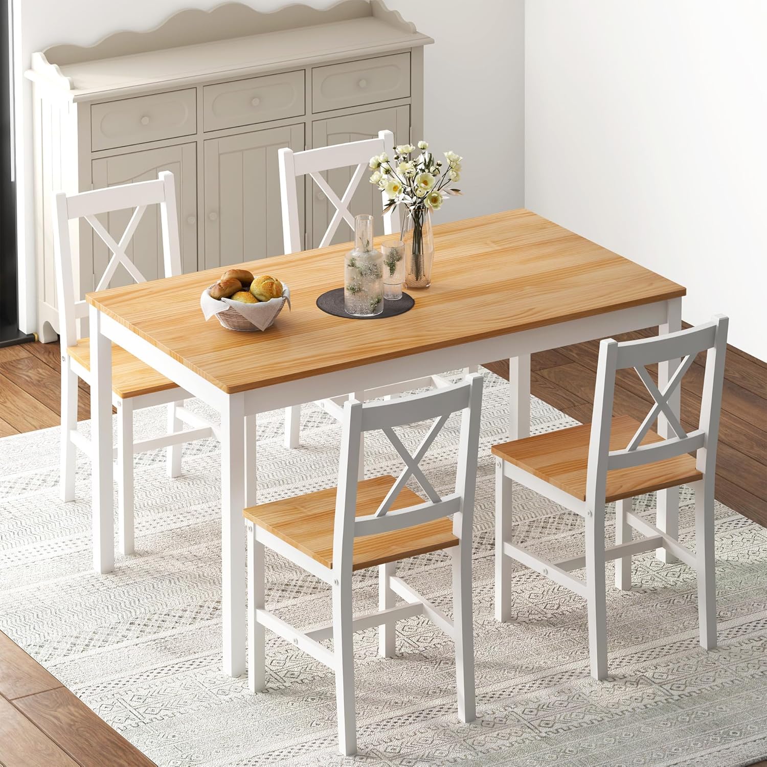 sogesfurniture 47.2" 4-Person Dining Table Set, 5 Pieces Pine Wood Kitchen Table with 4 Chairs,Indoor Modern Rectangular Dining Table Furniture Set for Kitchen, Dining Room, Dinette, Breakfast Nook