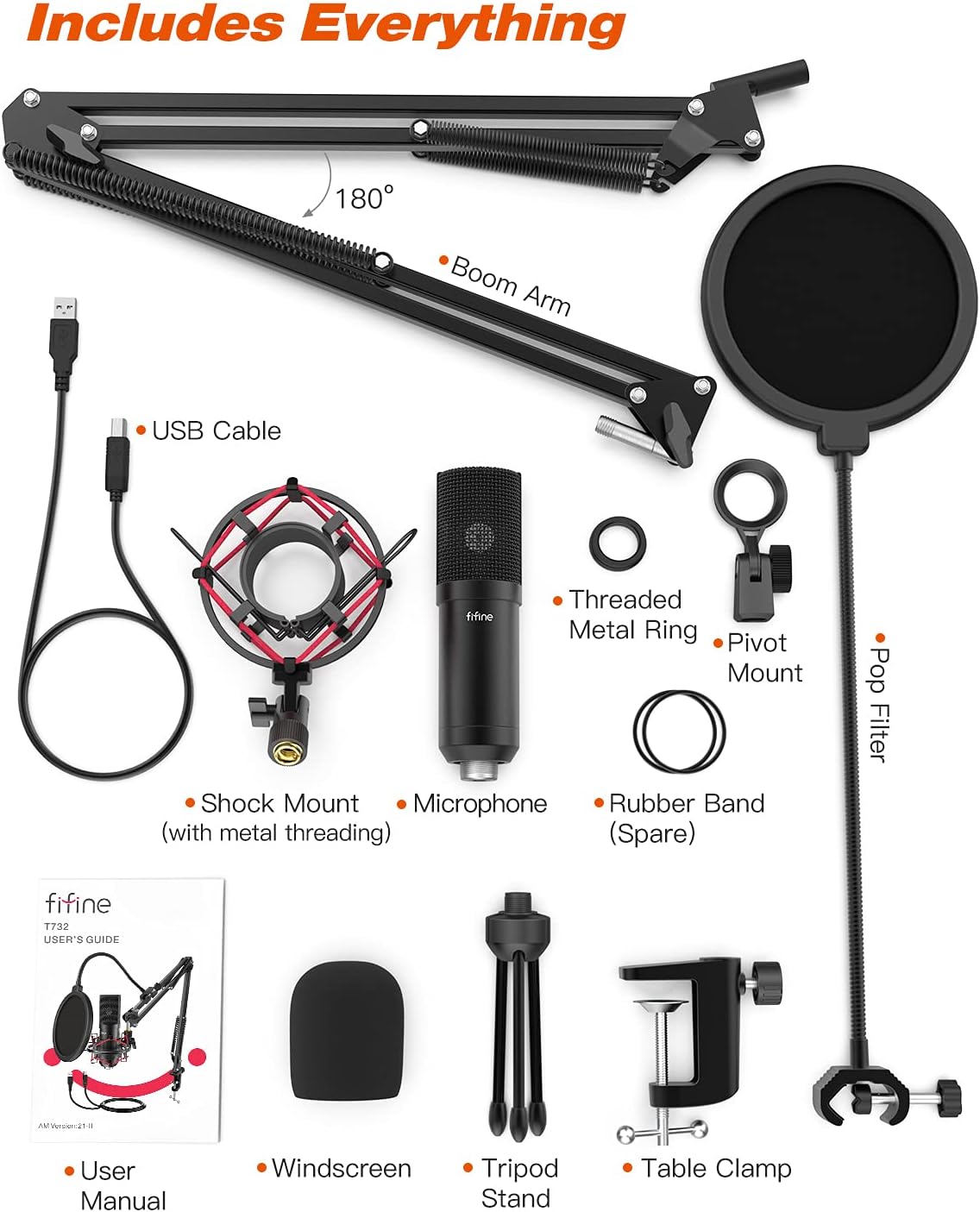 FIFINE USB Gaming Microphone Set with Flexible Boom Arm Stand Pop Filter, Plug and Play with PC Desktop Laptop Computer, Streaming Podcast Mic Kit for Home Studio (T732) Pack of 2
