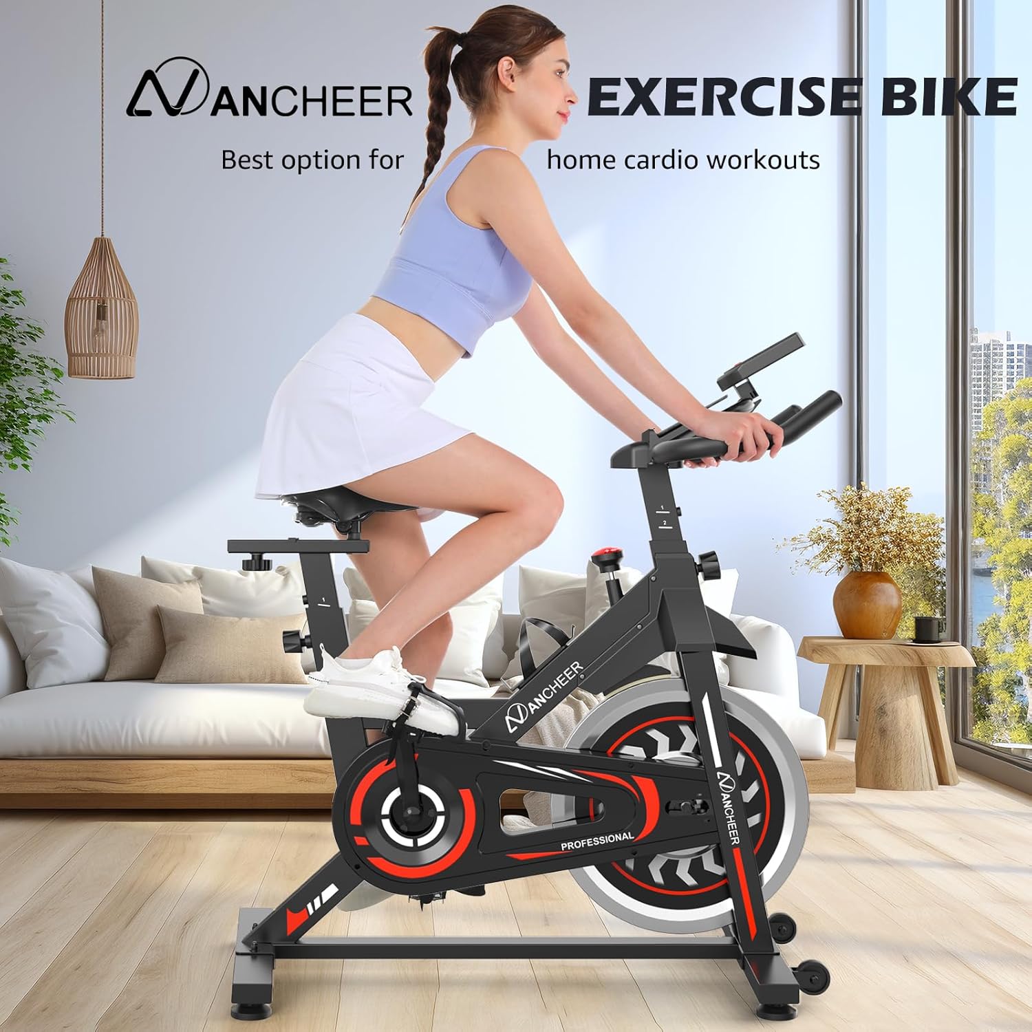 ANCHEER Stationary Bikes for Home, Exercise Bike , Spin Bike with LCD Monitor with Pulse iPad Holder Heavy Flywheel Silent and Smooth Belt Driven Reduce Pressure on the Knee Joints Cardio Workout for Home Gym