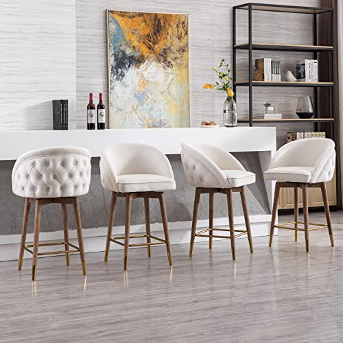 Guyou 26” Swivel Velvet Counter Stools Set of 2, Upholstered Counter Height Bar Stools with Tufted Back Kitchen Island High Chairs with Wood Legs and Gold Footrest for Pub Home Bar Dining Room (Black)