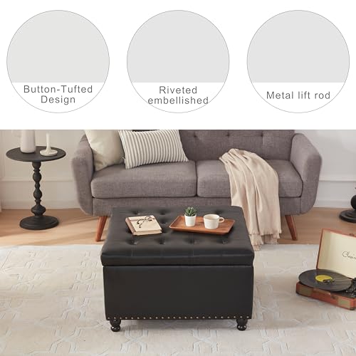Kingfun Square Ottoman Coffee Table, Large Leather Ottoman with Storage Tufted Upholstered Bench, Oversized Footrest for Living Room, Brown