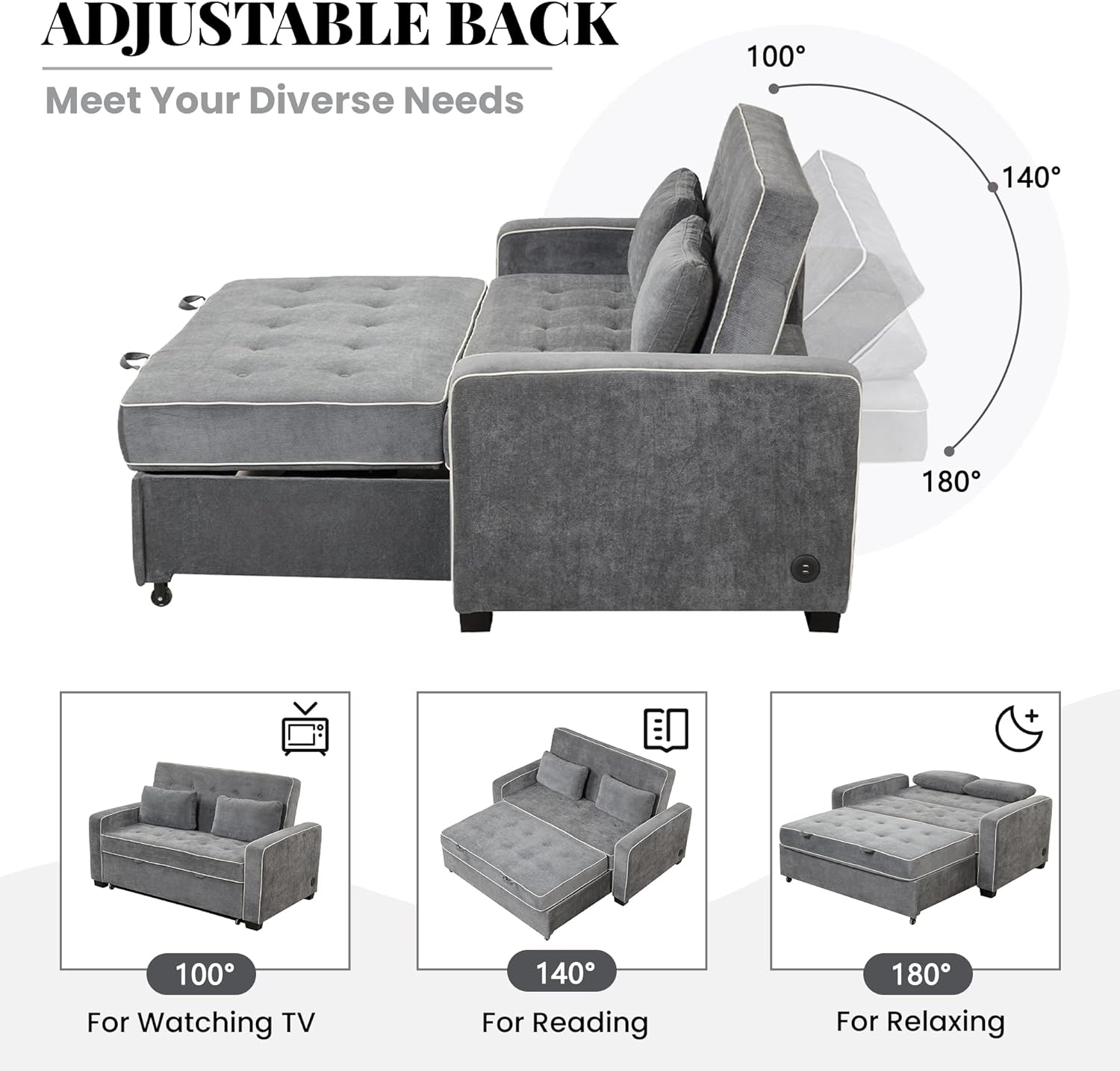 3 in 1 Multi-Functional Pull Out Sofa Bed , Linen Upholstered Convertible Sleeper Loveseat Couch Guest Daybed with Adjustable Backrest and Dual USB Charging Port for Living Room Office RV Furniture