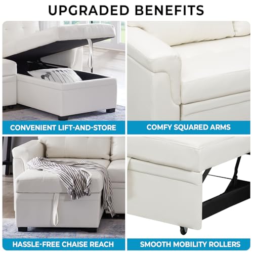 Naomi Home Jenny Sectional Sofa Sleeper with Storage Chaise, Tufted Pull Out Couch with Storage, L-Shaped Reversible Sleeper Sofa with Storage, Black,Air Leather
