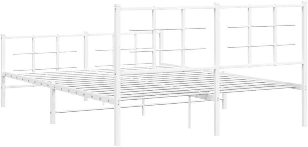 vidaXL White Steel Metal Bed Frame-Double Bed with Headboard/Footboard-81.5" x61.4 x35.4 | Modern Bedroom Furniture