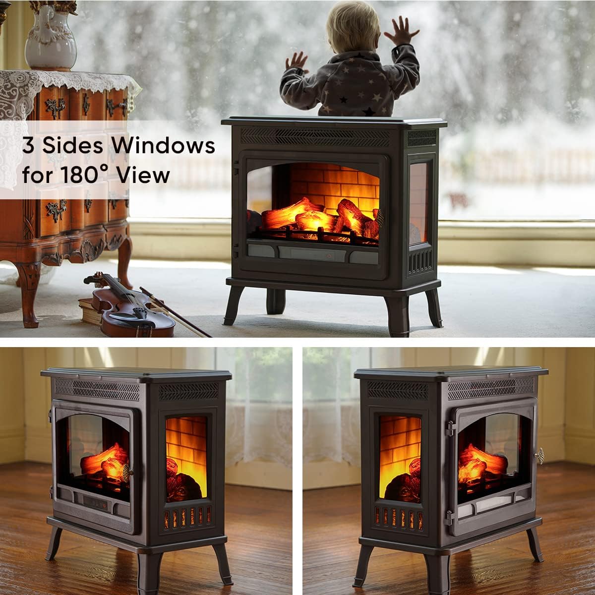 HEAO 3D Infrared Electric Fireplace Stove 24" with Visible Control Panel and Remote, Freestanding Fireplace Heater, ETL Certified, Overheating Safety Protection, for Home Office RV, 1500W(Bronze)