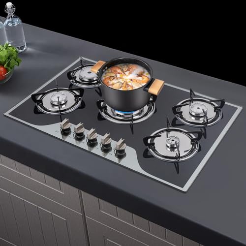 30" Gas Cooktop LPG/NG, 5 Burners Gas Stove Gas Hob Stovetop, Built-in Gas Stove Top, Thermocouple Protection, Stainless Steel Gas Hob with Power Boil, Simmer, Continuous Grates