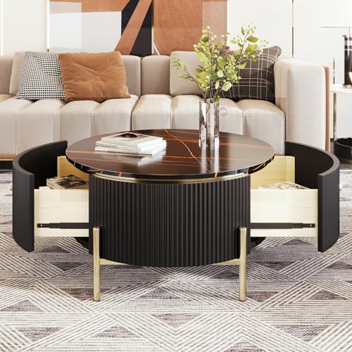 Modern Round Lift-top Nesting Coffee Tables with 2 Drawers for Living Room White & Natural
