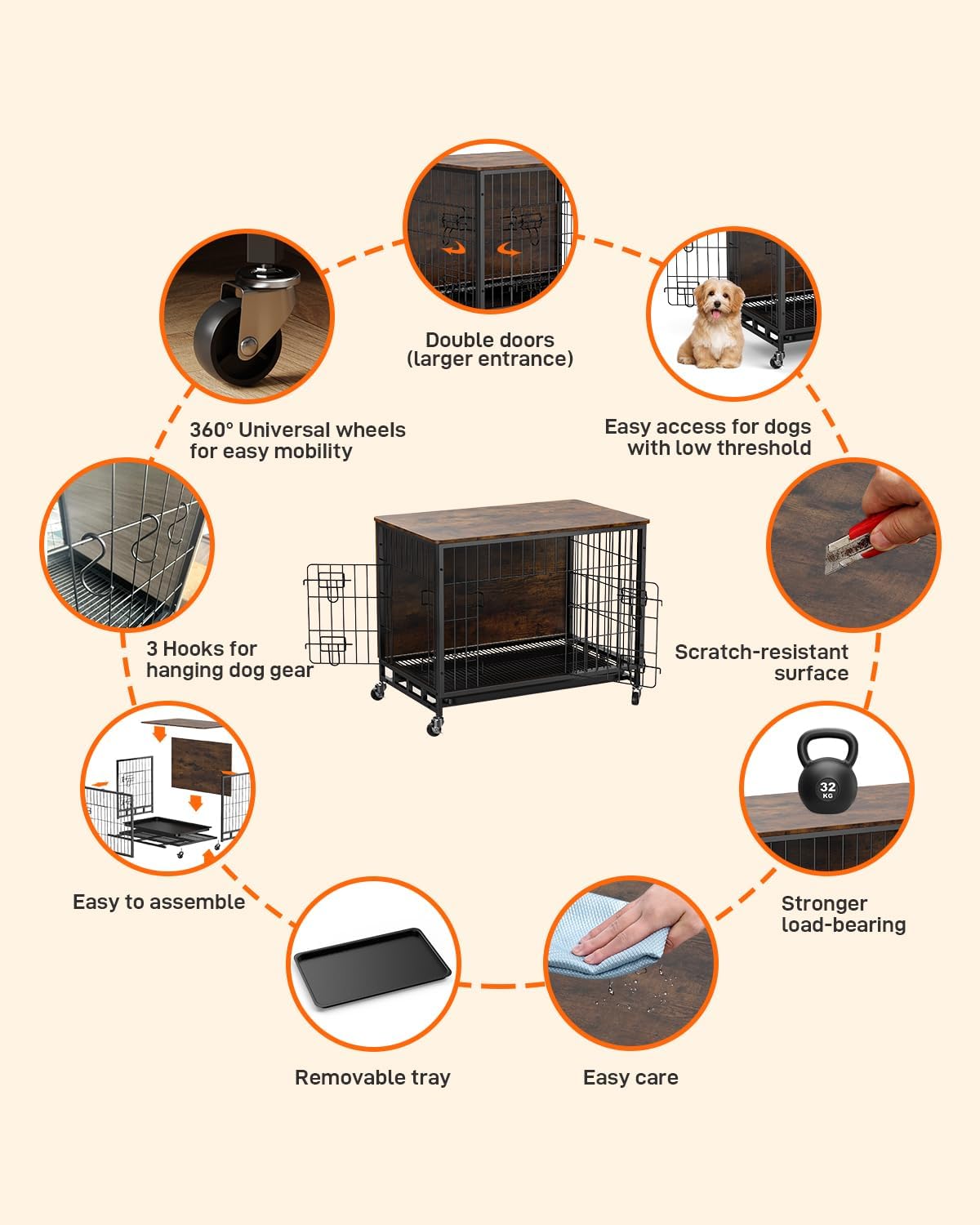 Dog Crate Furniture, 2024 New Furniture Style Dog Crate with Removable Tray and Wheels, Heavy-Duty Double-Doors Dog Cage End Table, 32.5" Wooden Dog Kennel, Indoor Dog House for Large Dogs, Brown