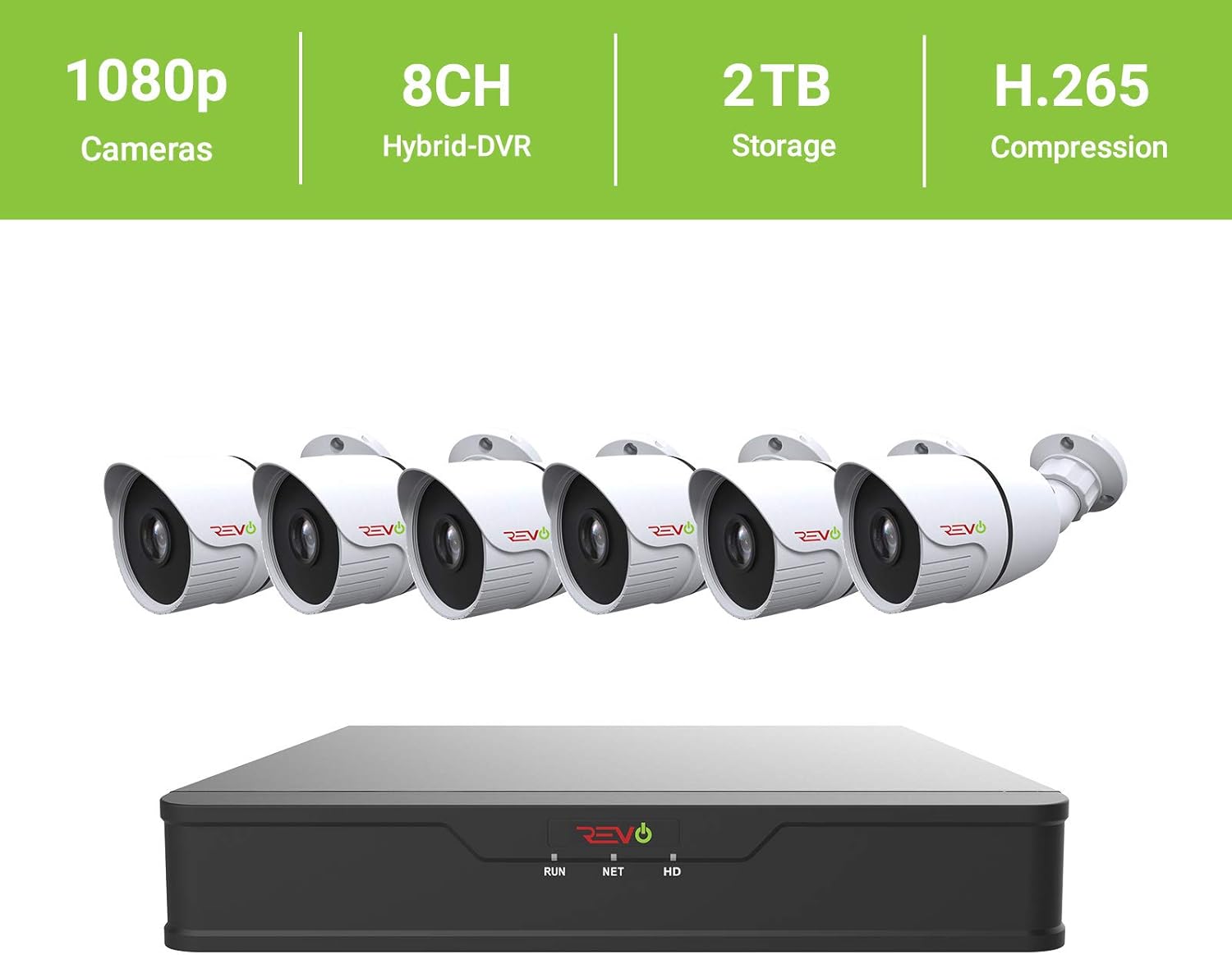 REVO America Hybrid 8Ch. 2TB HDD DVR Video Security System, 6 x 1080p Indoor/Outdoor IR Bullet Cameras - Remote Access via Smart Phone, Tablet, PC & MAC (RUH81B6G-2T)