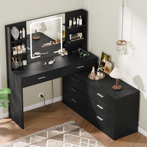 Quimoo 65.9" Vanity Desk with LED Lighted Mirror & Power Outlet, Modern Corner Makeup Vanity Table with 8 Drawers & Open Shelves, Dressing Table for Bedroom, Makeup Room