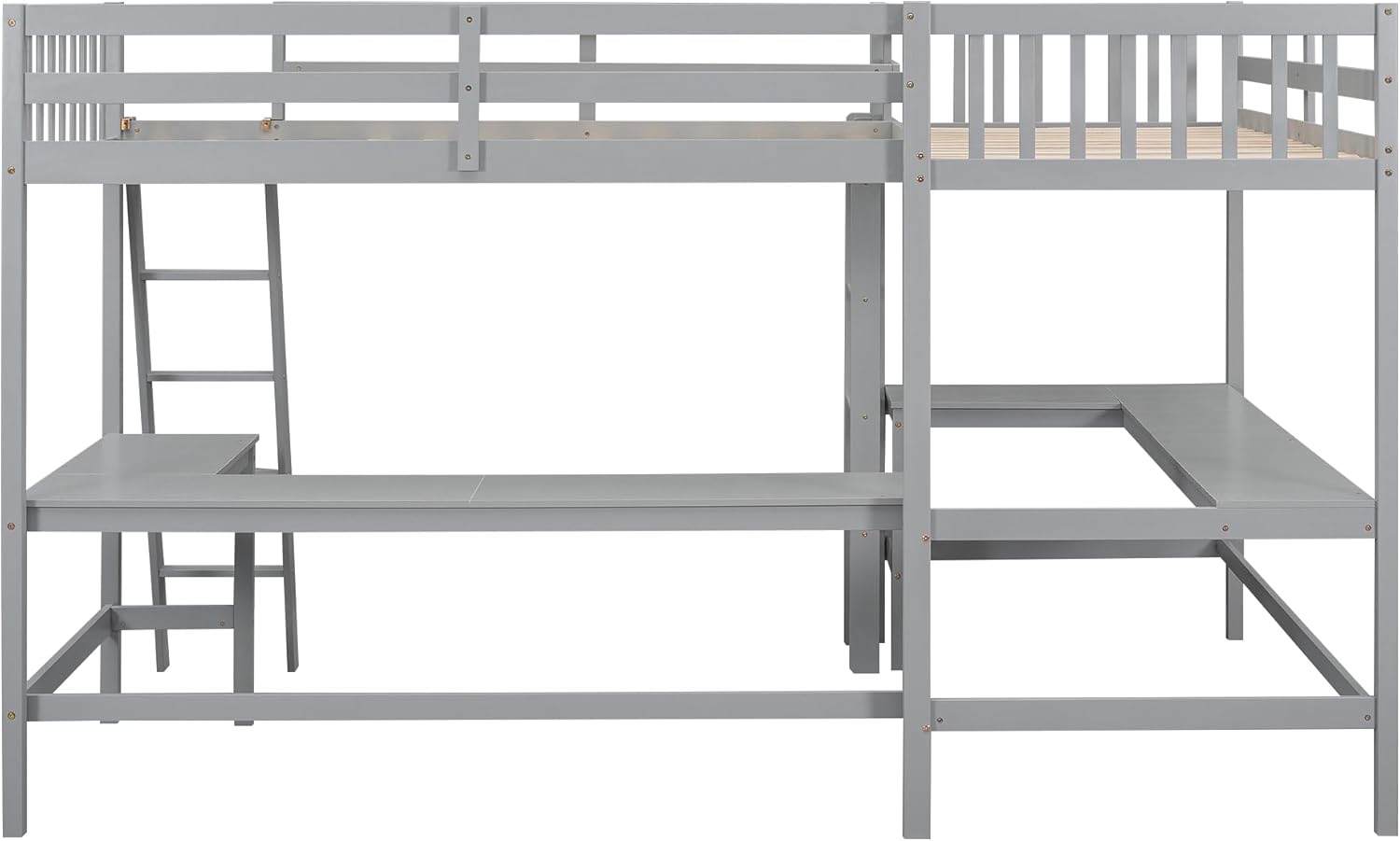 L-Shaped Double Twin Size Loft Beds for 2, Wooden Double High Loft Bed Frame with 2 Built-in Desks and Ladder for Kids, Teens, Adults, Gray