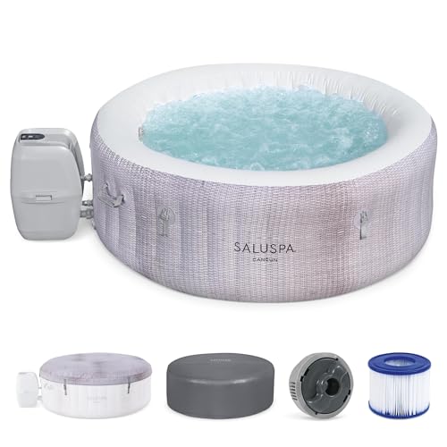 Bestway SaluSpa Cancun AirJet 2 to 4 Person Inflatable Hot Tub, 71 x 26 Inch Round Portable Outdoor Spa with 120 Soothing Jets and Cover, Gray