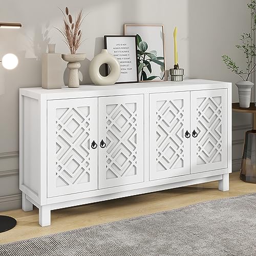 P PURLOVE Sideboard Storage Cabinet, 4 Door Buffet Cabinet with Pull Ring Handles, Large Storage Space Sideboard with Adjustable Shelves for Living Room, Dining Room (Black)