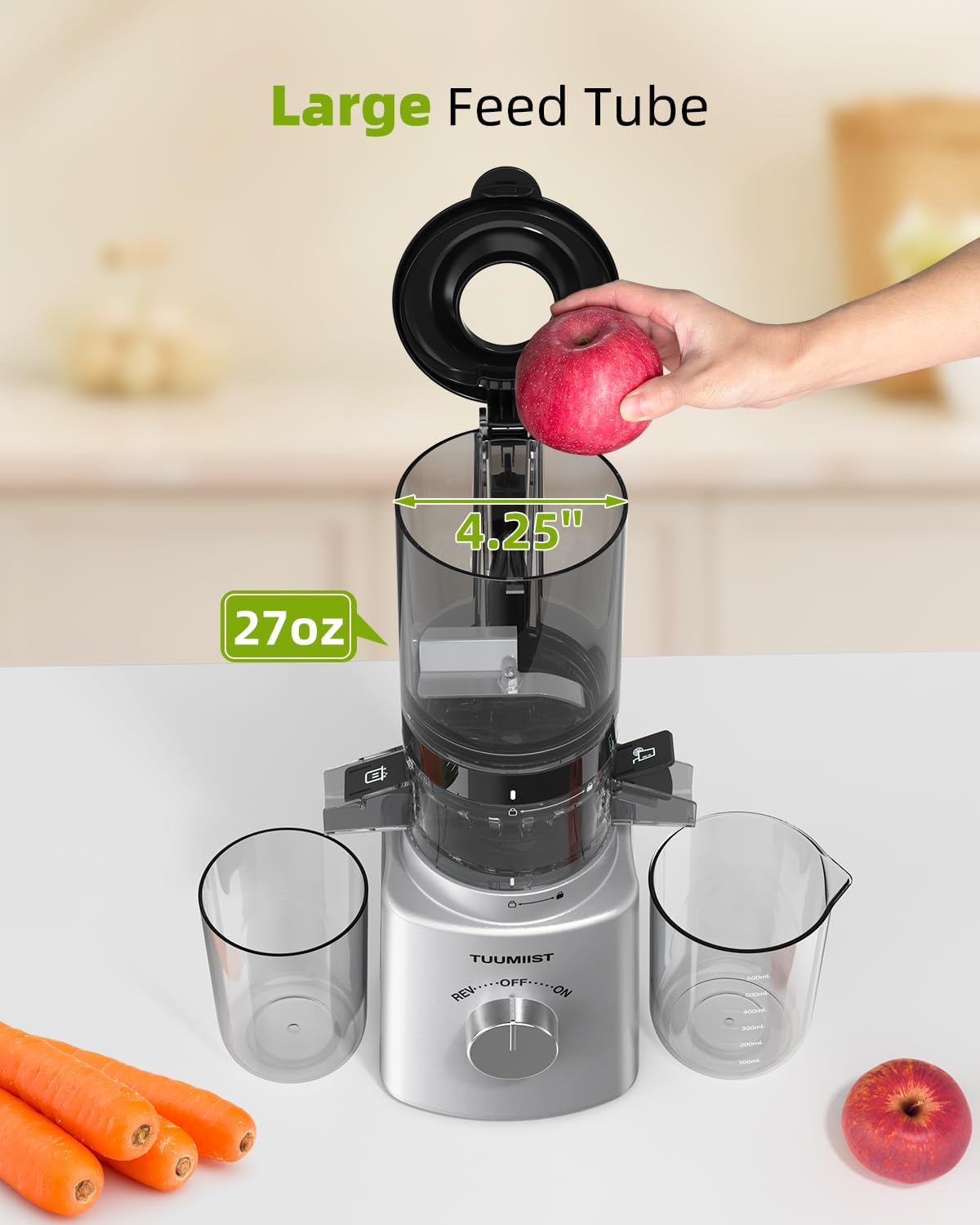 Juicer Machines, TUUMIIST Cold Press Juicer with 4.25'' Large Feed Chute Fit Whole Vegetable And Fruit, Masticating Juicer Easy To Clean, BPA Free(Silvery)