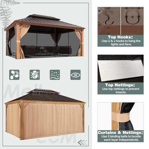 MELLCOM 12'x16' Hardtop Gazebo, Galvanized Steel Metal Double Roof Canopy with Curtains and Netting, Brown Permanent Pavilion Gazebos with Aluminum Frame for Garden, Patio, Lawns, Deck