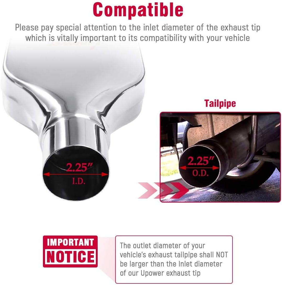 Pack of 2 Upower Exhaust Tip 2.25" Inlet 2" x 6" Outlet 10" Long Rolled Rectangle Stainless Steel Exhaust Tailpipe Tips fits Chevy Camaro Style Pack of 2