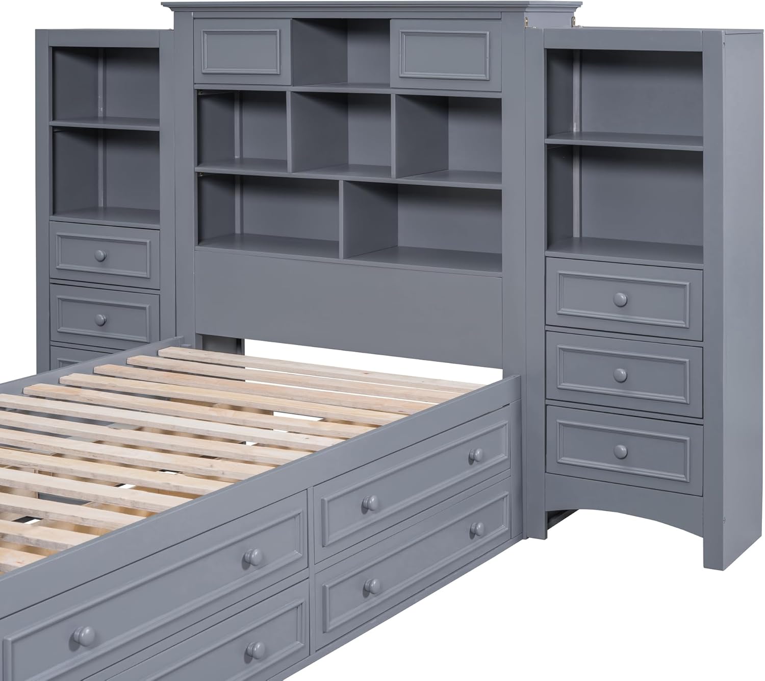 Twin Size Wood Platform Bed Frame with Bookcase Headboard and 4 Drawers on Each Side, Multi-Functional Beds with 12 Storage Shelves and 6 Drawers, for Bedroom Furniture, Space Saving, Gray