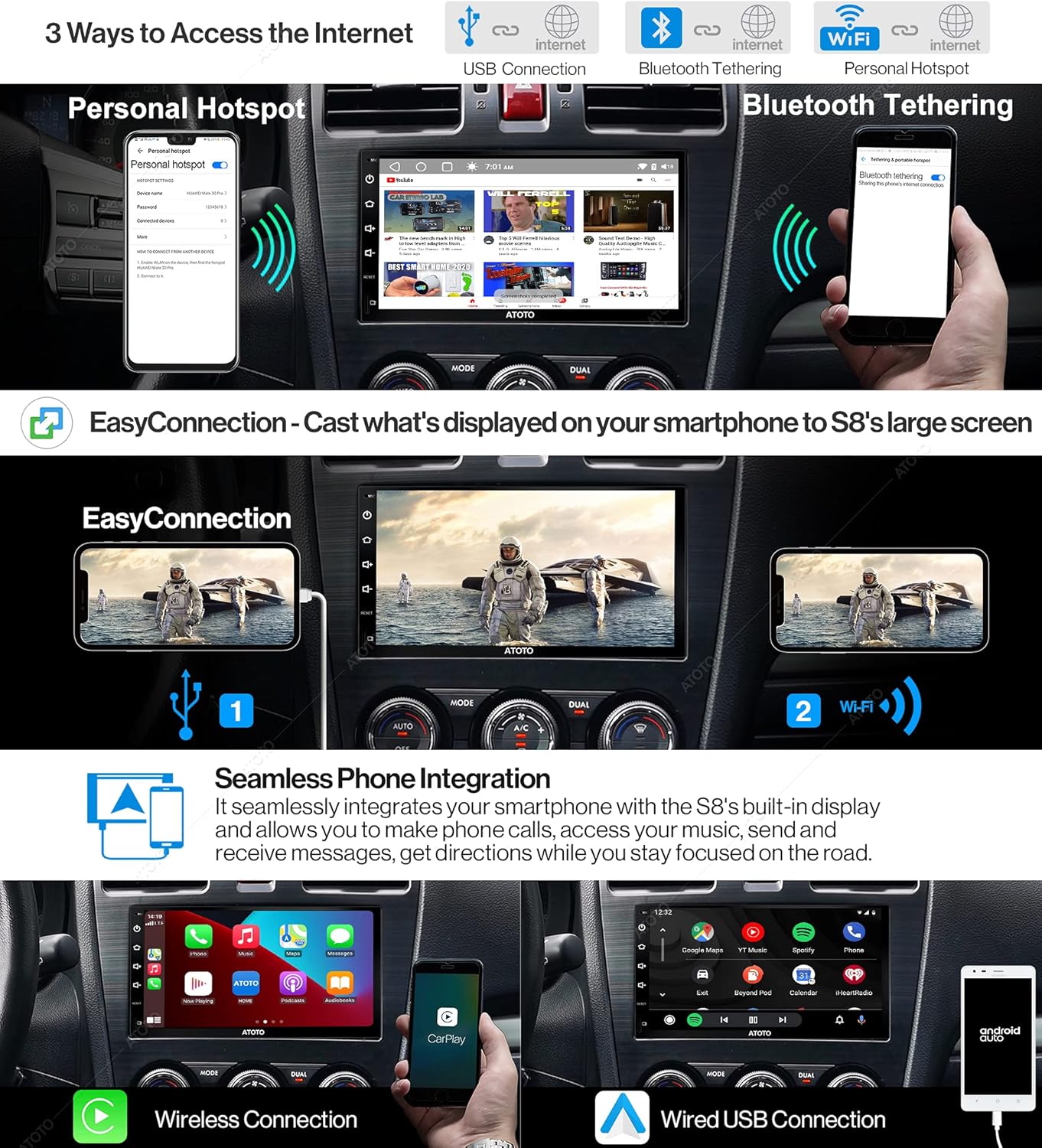 ATOTO S8 Premium 7inch Double-DIN Android Car Stereo, Wireless CarPlay & Android Auto, Dual Bluetooth w/aptX HD, QLED Display,Split Screen, HD Rearview with LRV, USB tethering,SCVC and More, S8G2B74PM