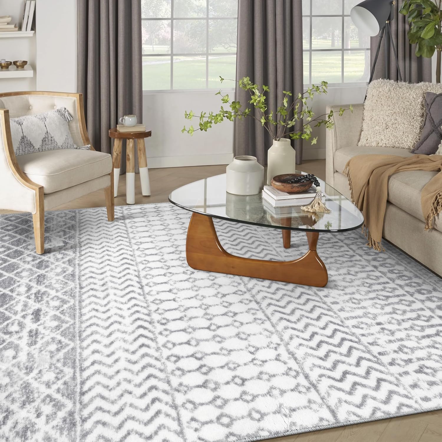 Moroccan Area Rug 8x10, Soft Non-Slip Living Room Large Rug, Low-Pile Washable Distressed Farmhouse Rug Indoor Floor Carpet for Bedroom Under Dining Table Home Office