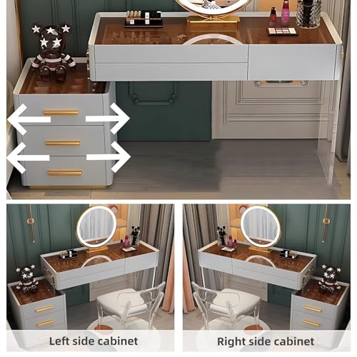 Acrylic Makeup Vanity - Solid Wood Vanity Desk with Smart LED Lights Mirror & Acrylic Chair, Luxury Bedroom Vanity Table Include 6 Drawers and Tempered Glass Desktop (White,31.5'')