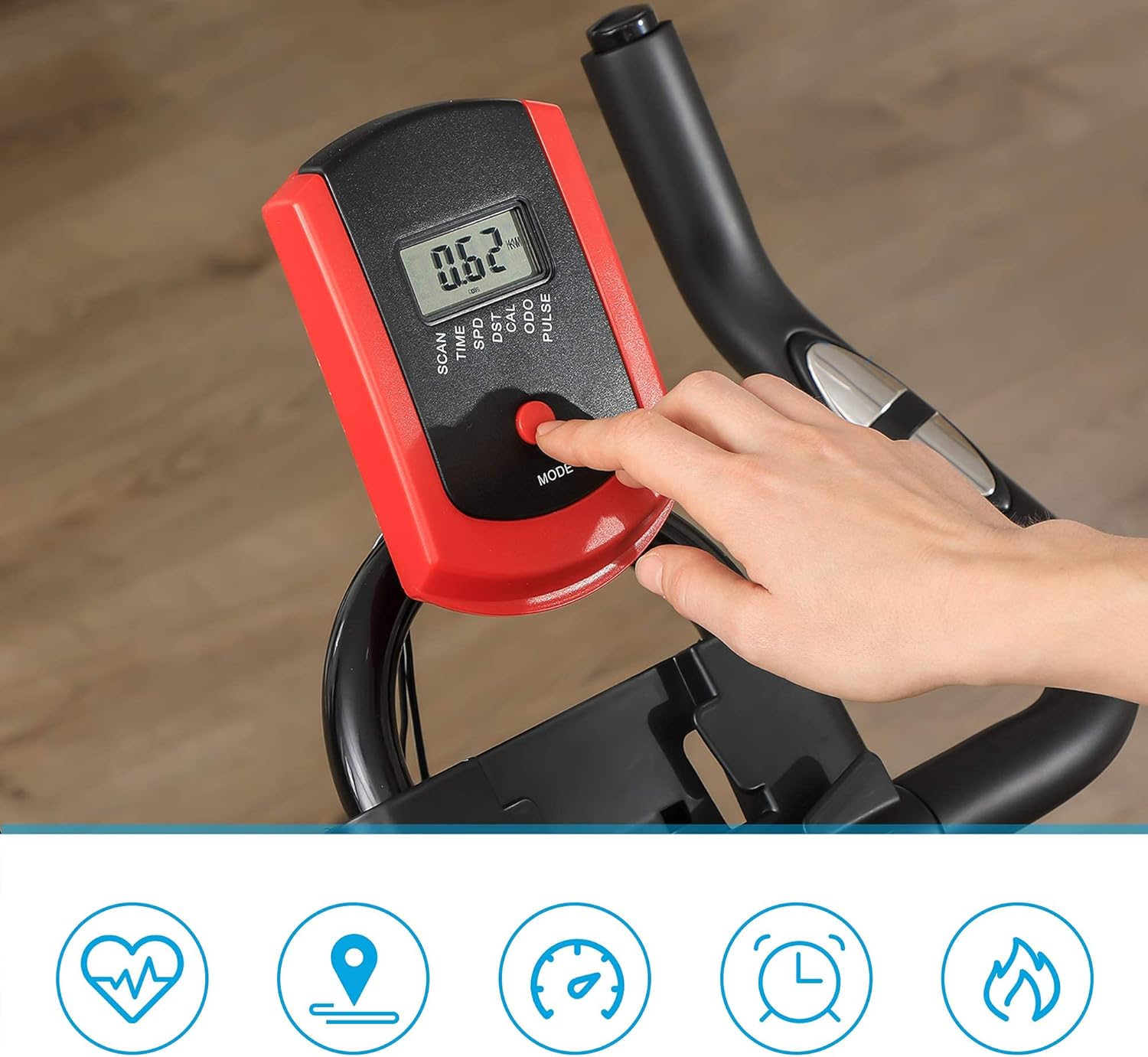 SONGMICS Stationary Bike, Indoor Cycling Bike, Exercise Bike, and Fitness Trainer, with Adjustable Handlebar, Seat, and Resistance, Pulse Sensor, Caged Pedals, Black and Red USEB617R01