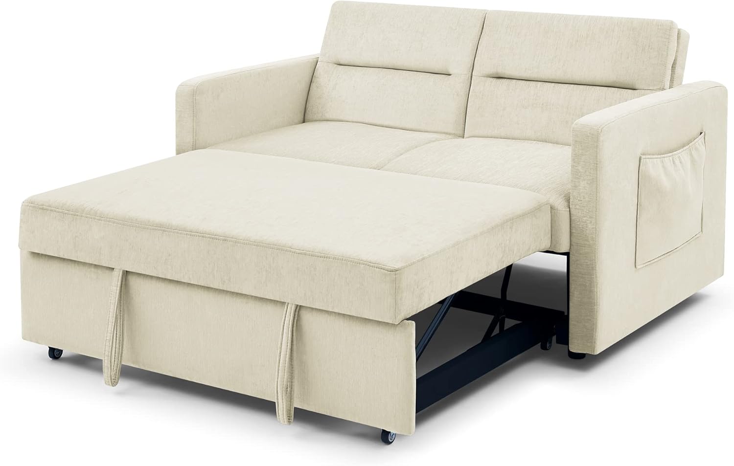 3 in 1 Convertible Sleeper Bed, Modern Loveseat Sofa & Pull Out Futon Couch, Small Love Seat Lounge Chaise w/Reclining Backrest, 2 Pockets, Furniture for Living Room, Beige Velvet 54.5"