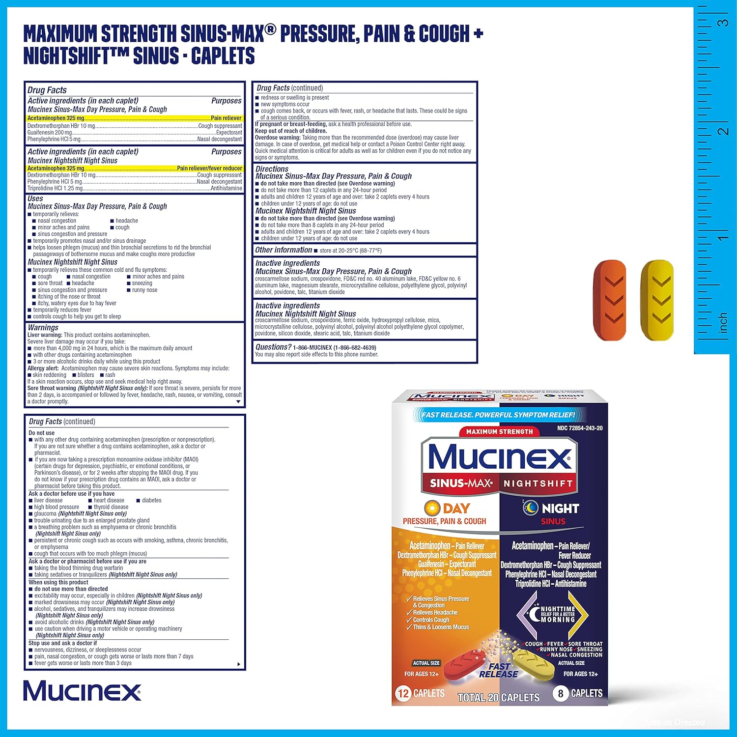 Maximum Strength Mucinex Sinus-Max Pressure, Pain & Cough & Nightshift Sinus Caplets, Fast Release, Powerful Multi-Symptom Relief, 20 caplets (12 Day time + 8 Night time) Pack of 2