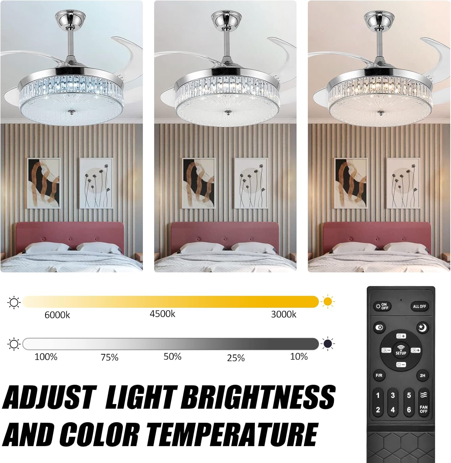 42" Retractable Crystal Ceiling Fans with Lights, Stepless Dimmable Chandelier Ceiling Fans Remote Control Invisible Blades, Reversible Fandelier Fans for Living Room Bedroom