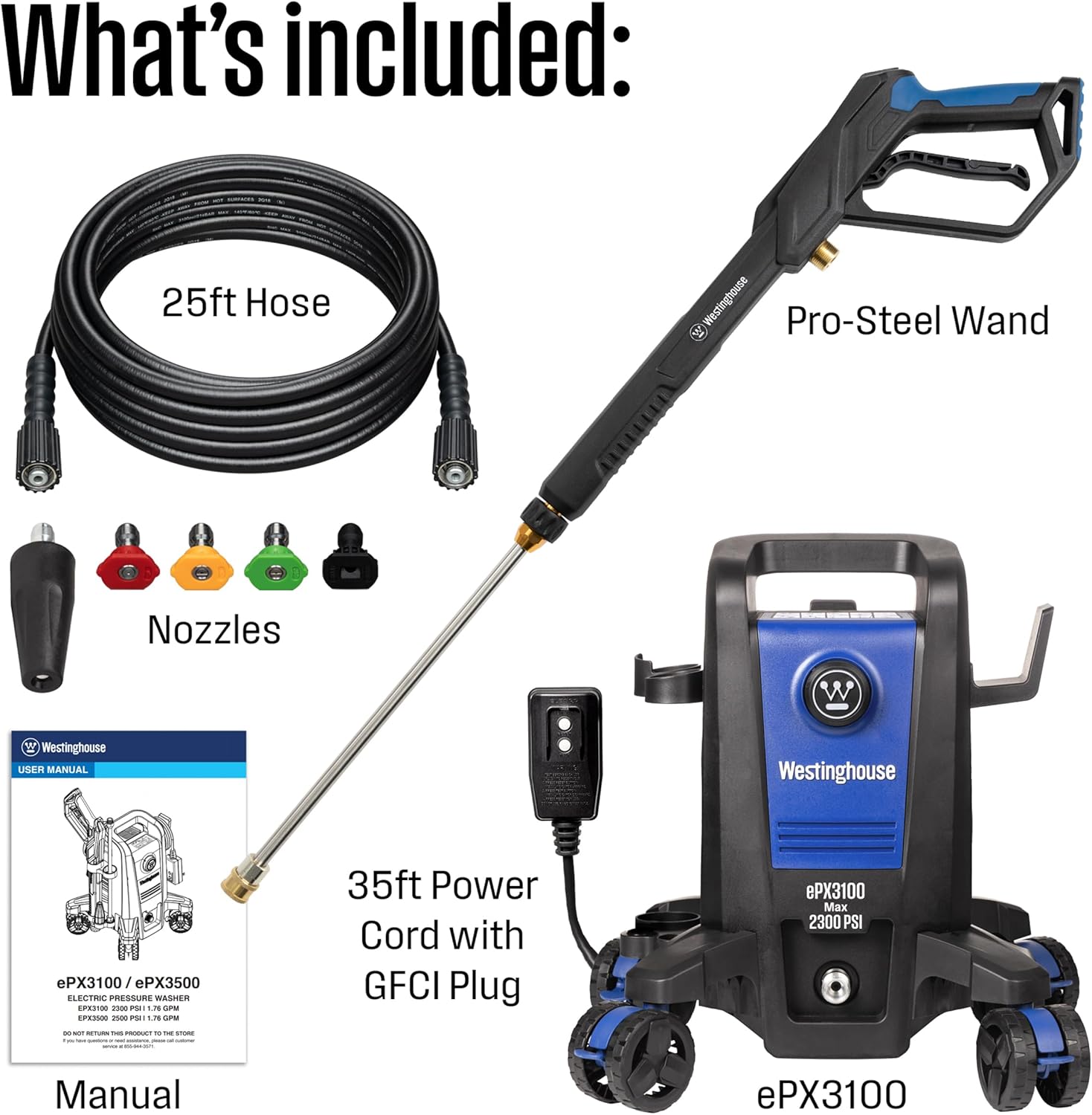 Westinghouse ePX3100 Electric Pressure Washer, 2300 Max PSI 1.76 Max GPM & Westinghouse Outdoor Power Equipment Pressure Washer 6-in-1 Nozzle Attachment