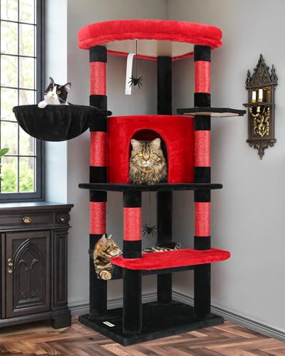 Globlazer Corner Cat Tree for Large Cats, 66inch Tall Curved Series Large Cat Tower for Multiple Indoor Cats with 6 Scratching Posts, 2 Spacious Cat Condos, Hammock, Hanging Basket, C66, Beige