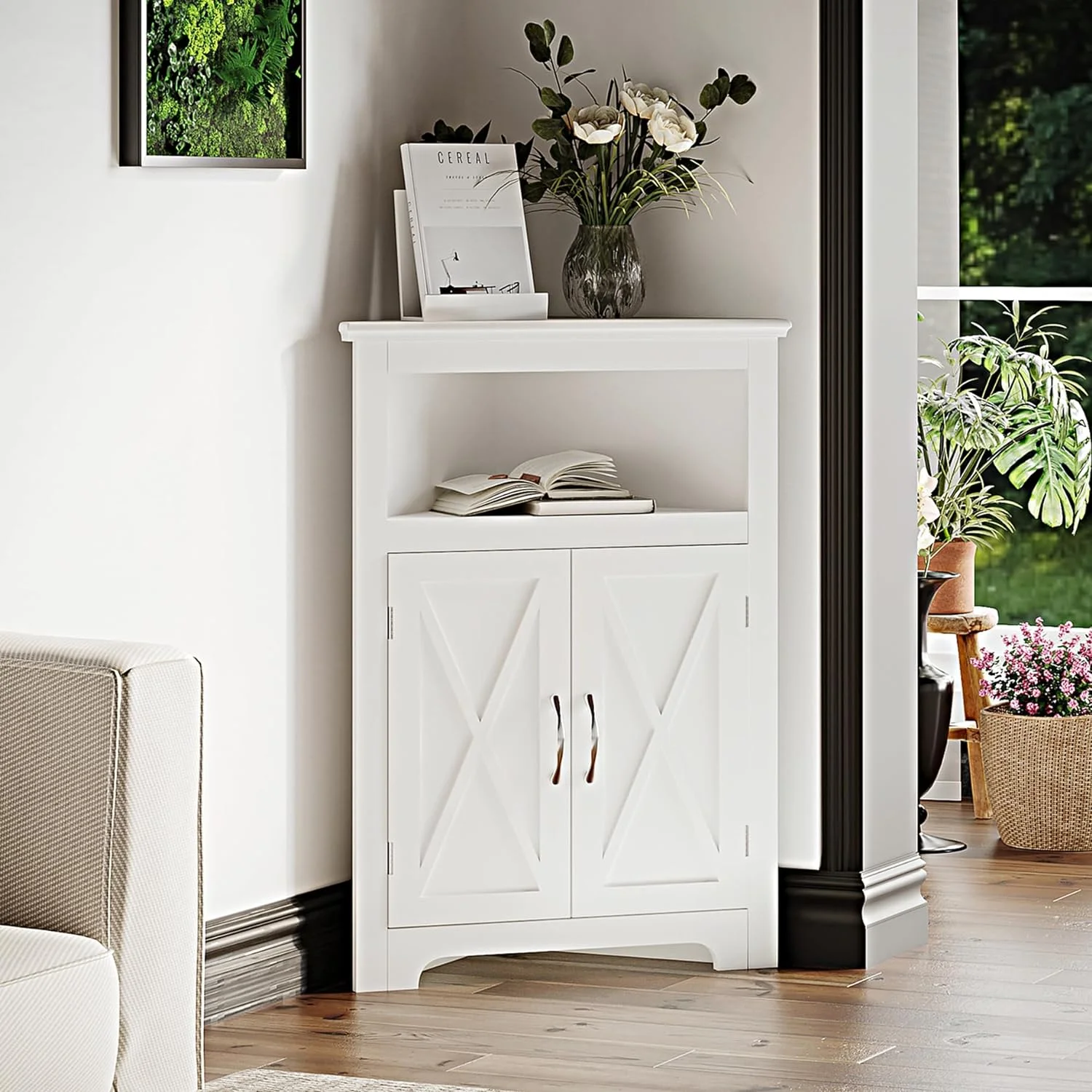 QCAI Corner Storage Cabinet, Small Corner Cabinet with Barn Door Design and Adjustable Shelf, Home Space Saver for Living Room, Bathroom, Kitchen, Bedroom, White